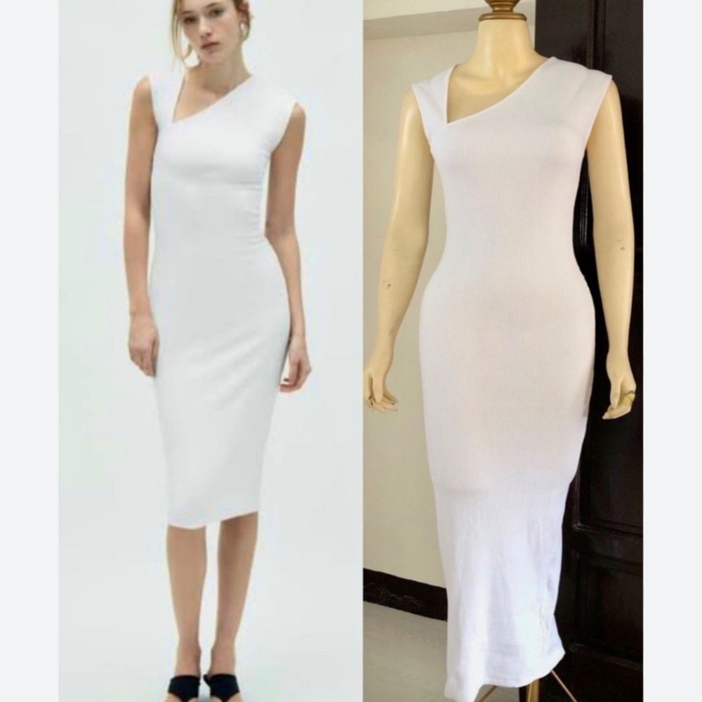 ZARA White Ribbed Asymmetrical Neck Midi Dress Size L NWT